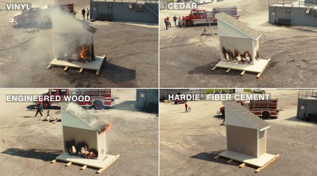 Demonstration taken to display how James Hardie fiber cement can resist fire far more than vinyl, cedar and engineered wood.