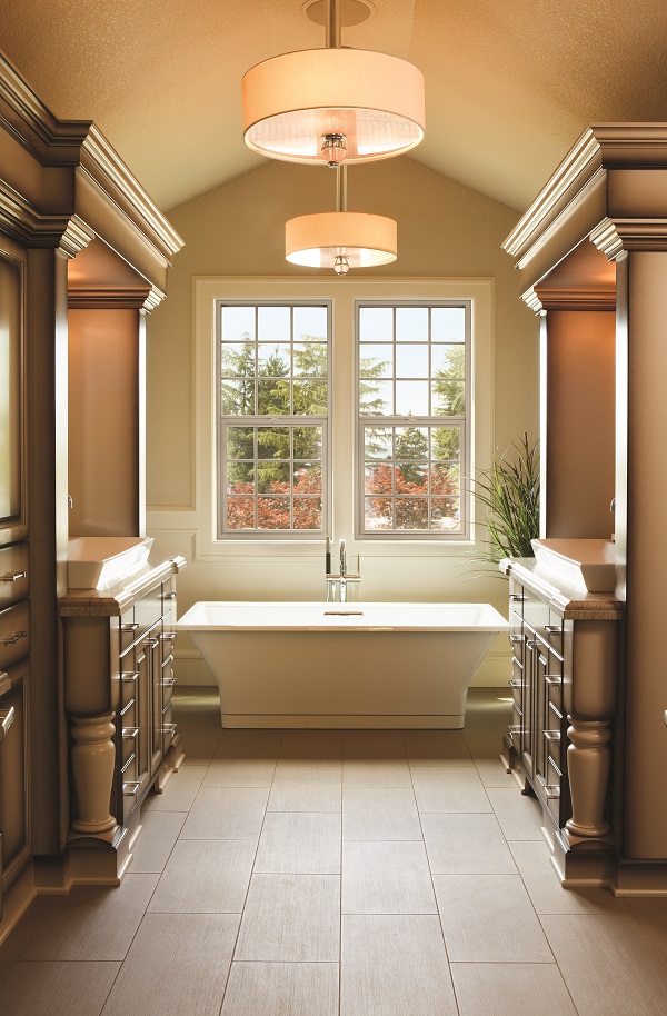 Alside windows behind a free standing tub in a bathroom
